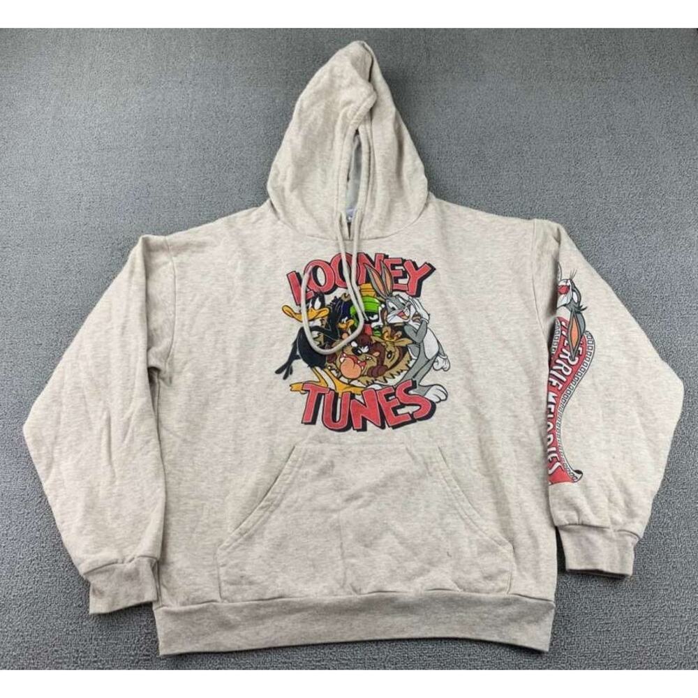 Looney Tunes Hoodie Men M Beige Bugs Bunny Duck Tasmanian‎ Graphic Pullover Hood